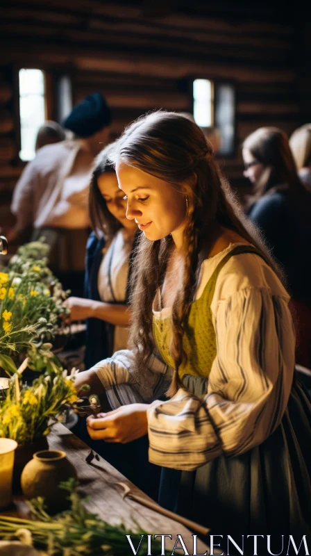 Medieval Women Preparing Flowers - Timeless Artistry in a Festive Atmosphere AI Image