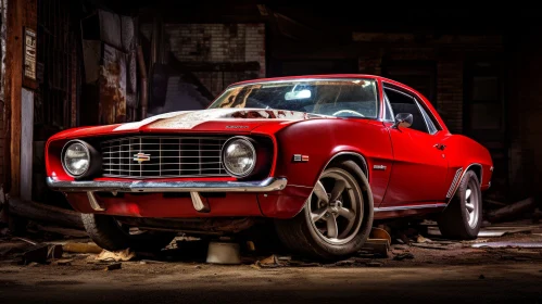 Red Chevrolet Camaro in Abandoned Building - Mystery and Intrigue