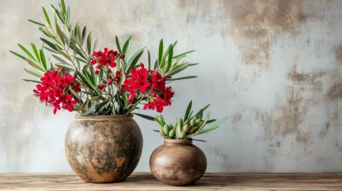 Rustic Clay Pots with Red Flowers and Green Leaves