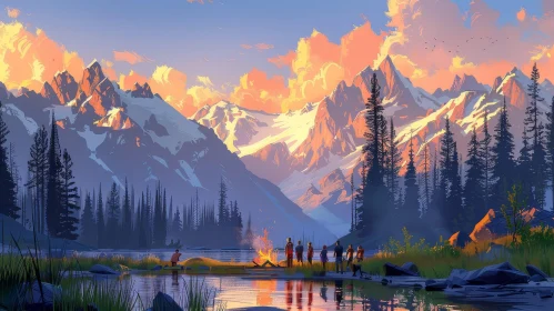 Serene Mountain Camping Landscape Painting