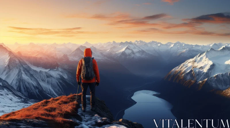 Snowy Mountain Sunset Landscape with Man AI Image