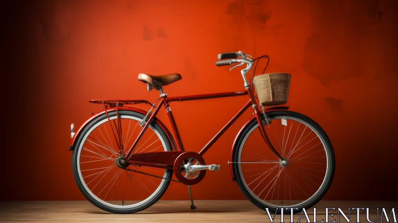 Vintage Red Bicycle Against Red Wall AI Image