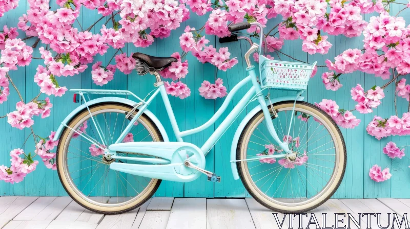 AI ART Vintage Turquoise Bicycle with Pink Flowers