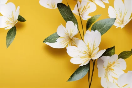 White Paper Flowers on Yellow Background - Highly Detailed Foliage