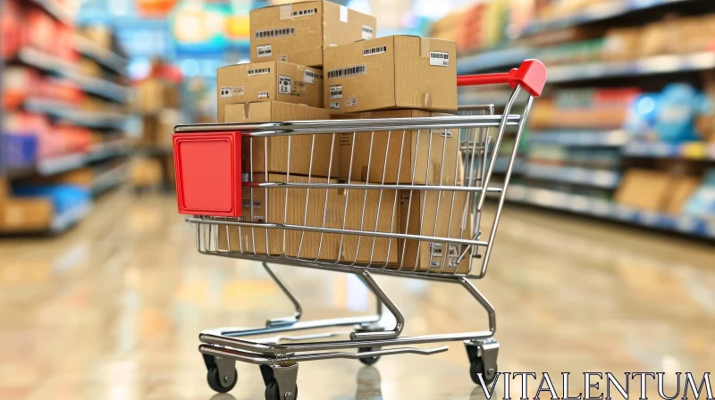 A Captivating Snapshot of a Shopping Cart Filled with Cardboard Boxes in a Supermarket AI Image