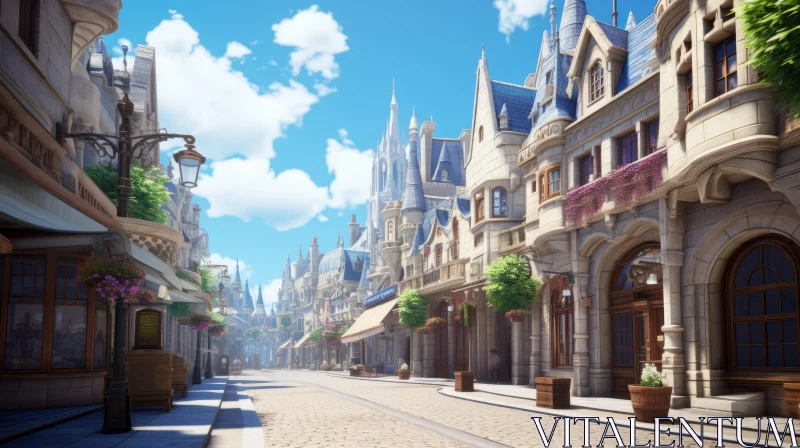 Baroque-Inspired Animated City Street under Realistic Blue Skies AI Image