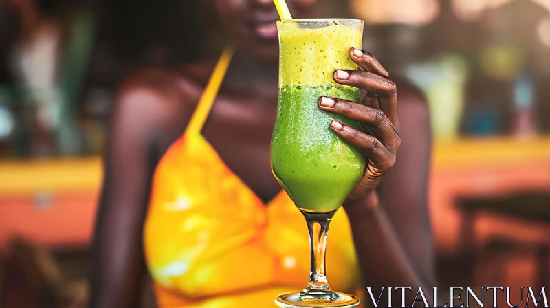 Black Woman Holding Green Smoothie Glass AI Image