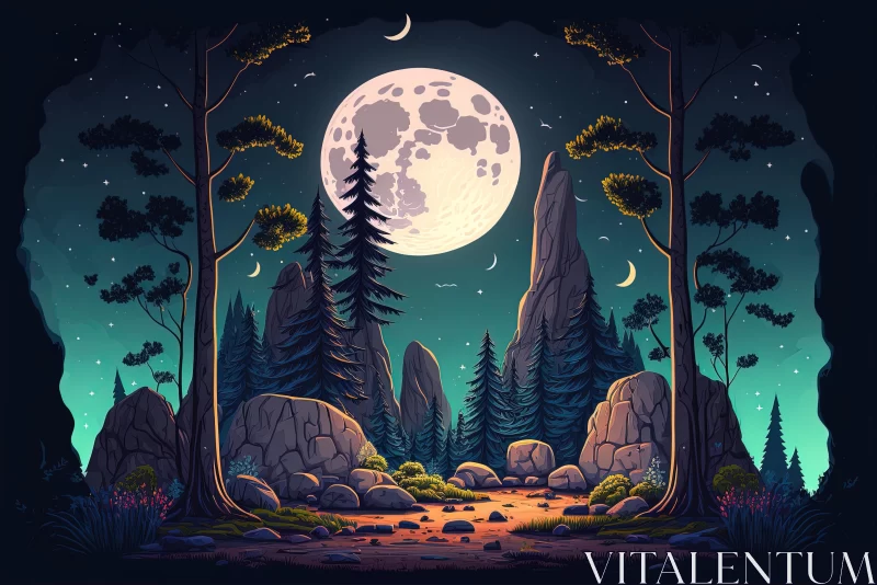 Captivating Night Landscape with Full Moon and Dark Forest | Hyper-Detailed Illustration AI Image