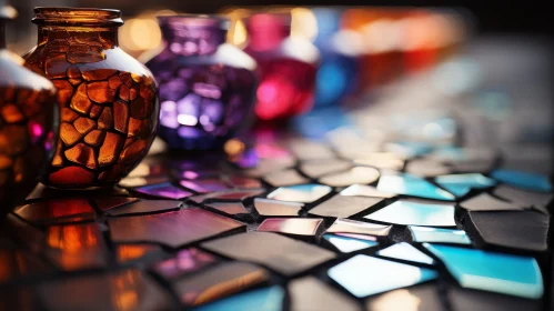 Colorful Glass Bottles Mosaic Table Close-Up