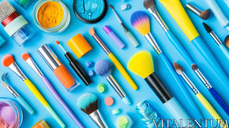 Colorful Makeup Products and Brushes on Blue Background AI Image