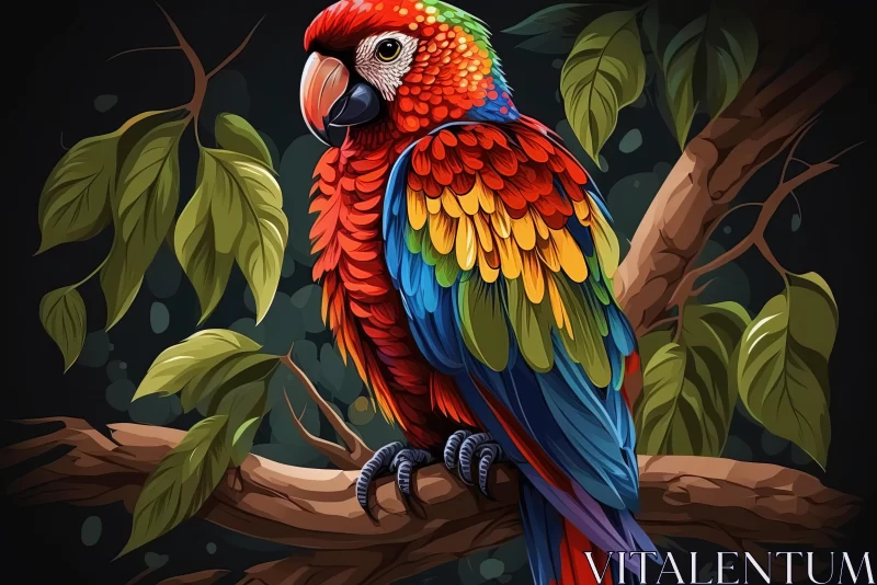 Colorful Parrot on Tree Branch: Dark and Detailed Shading AI Image