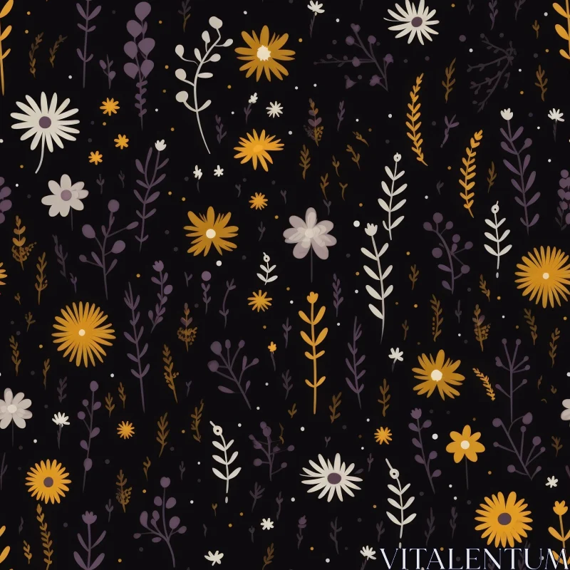 Dark Floral Seamless Pattern - Yellow, White, Purple Flowers AI Image