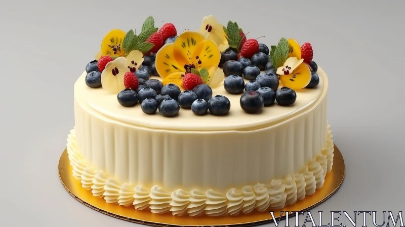 Exquisite Berry and Flower Cake on Golden Plate AI Image