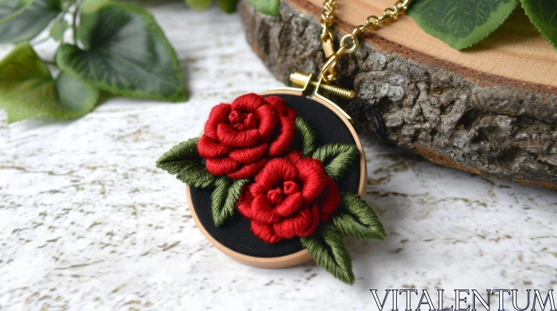 Exquisite Handmade Embroidered Floral Pendant AI Image