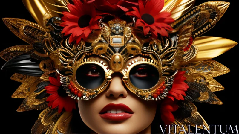 Golden Mask Portrait of a Woman with Red Flowers AI Image