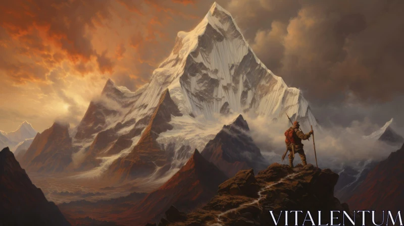 Majestic Mountain Landscape Painting with Person AI Image