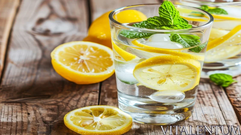 Refreshing Glass of Water with Lemon and Mint on Wooden Table AI Image
