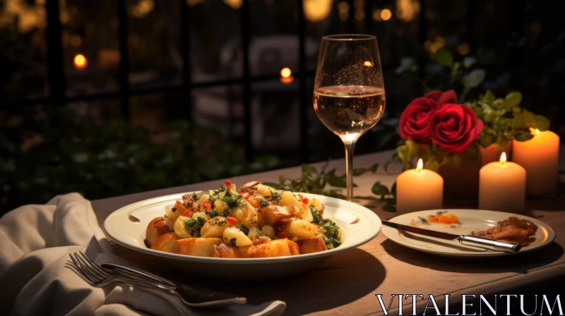 Romantic Candlelit Dinner Scene with Wine and Roses AI Image
