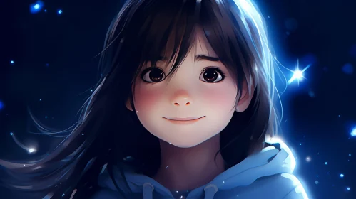 Smiling Anime Girl Portrait in Night Sky