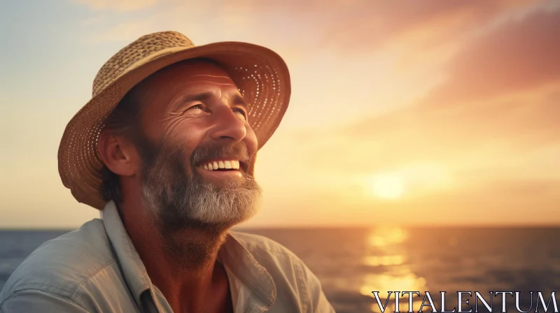 Smiling Elderly Man in Straw Hat Looking at Orange Sky AI Image