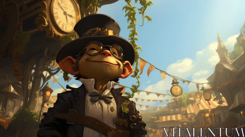 Steampunk Monkey in Clock Tower Illustration AI Image