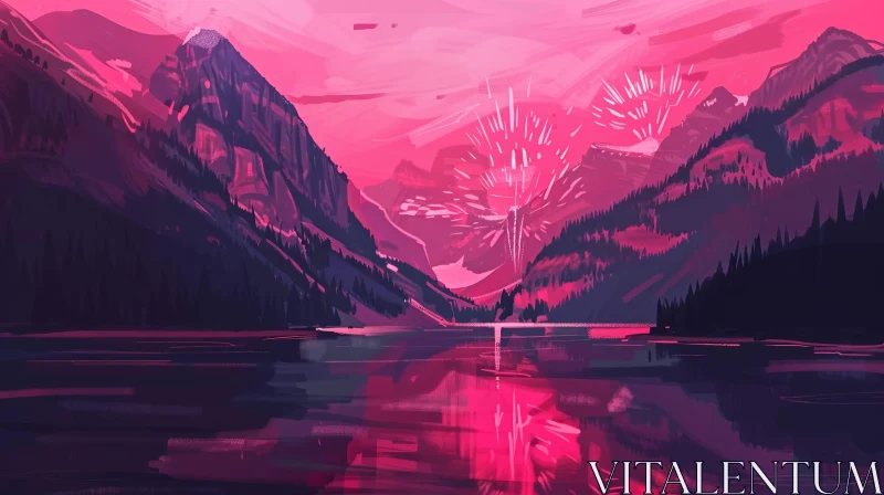 Tranquil Mountain Landscape Painting in Pink and Purple AI Image