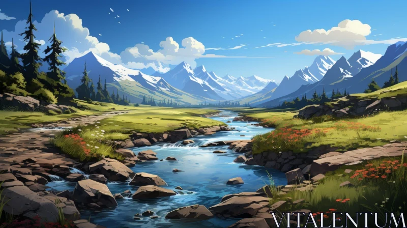 Tranquil River Landscape in Mountains AI Image
