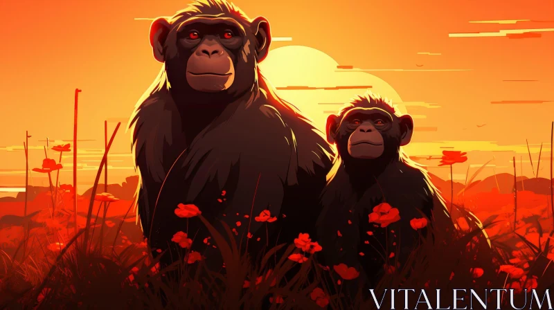 Two Chimpanzees in Red Flower Field at Sunset AI Image