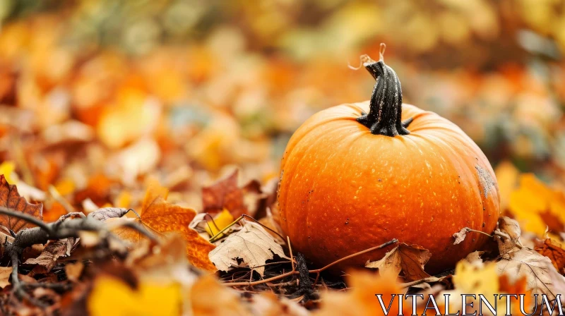 Vibrant Pumpkin on Fallen Leaves - Autumn Nature Image AI Image