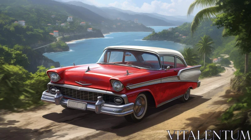 AI ART Vintage Red Chevrolet Bel Air by the Ocean