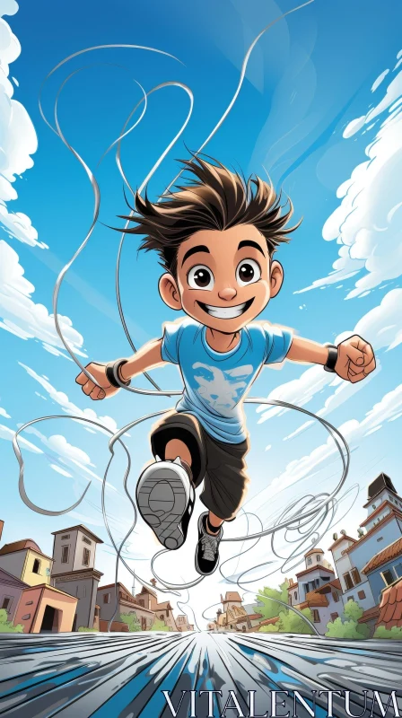 Young Boy Running in City Street - Cartoon Illustration AI Image