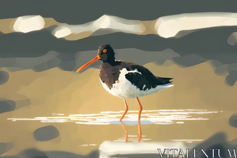Bird Standing on the Coast - Digital Painting with Flat Illustrations AI Image