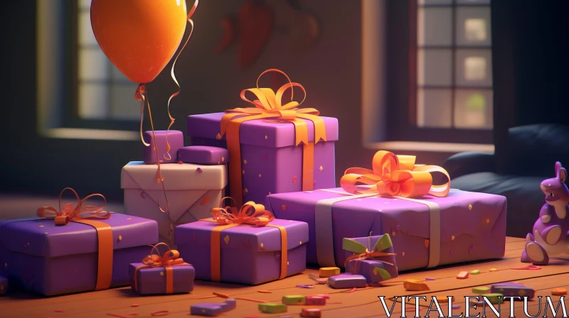 Birthday Party 3D Rendering with Purple Presents and Orange Balloon AI Image