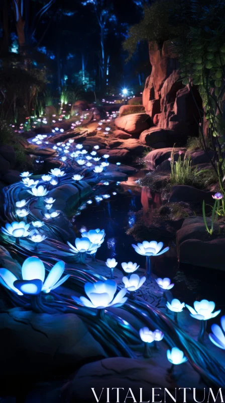Blue Lit Flowers Along a Stream: A Luminous, Japanese-Inspired Scene AI Image