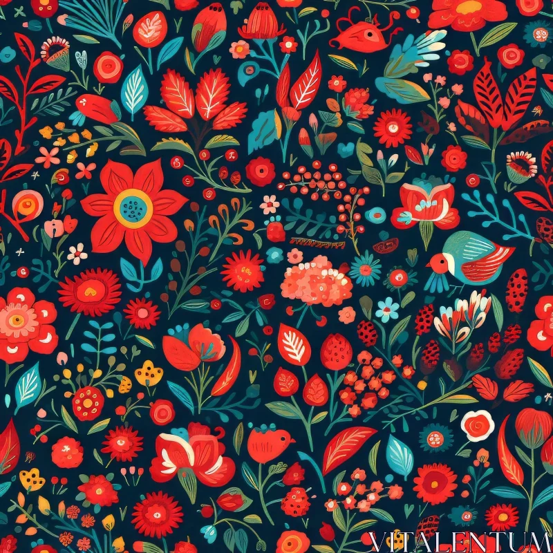 Bright Red Floral Pattern on Dark Blue Background AI Image