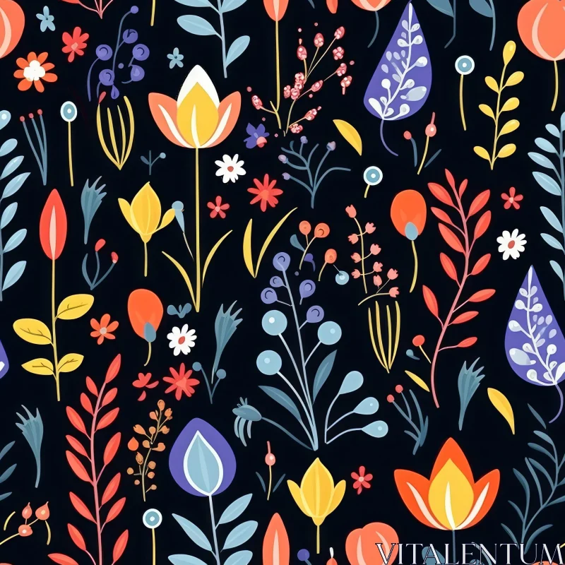 Colorful Flowers and Leaves Seamless Pattern on Dark Blue Background AI Image