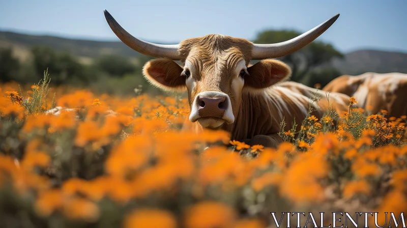 Cow in Field of Orange Flowers AI Image