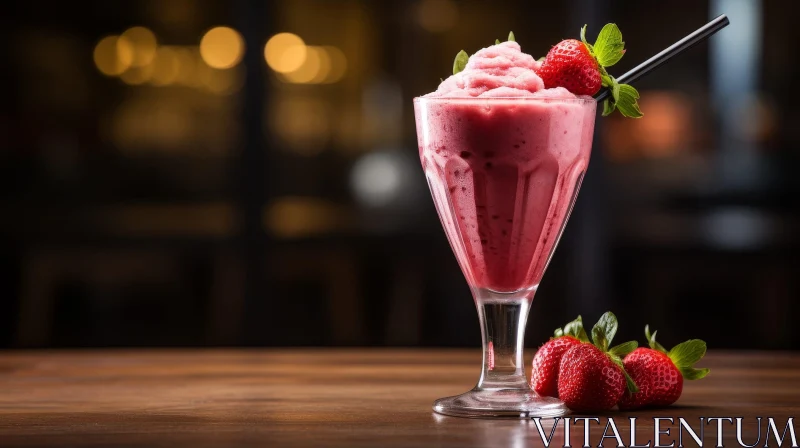 Delicious Strawberry Milkshake on Wooden Table AI Image