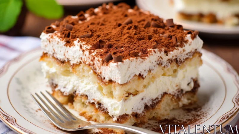 Delicious Tiramisu Cake on White Plate AI Image