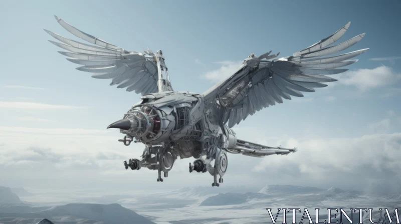 Futuristic Metallic Bird Flying Over Snow Landscape AI Image
