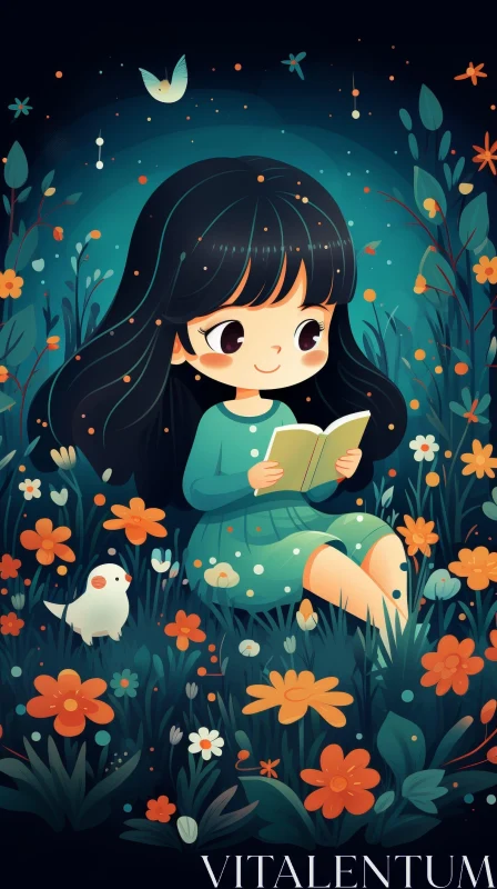 Girl Reading Book in Flower Field - Cartoon Illustration AI Image