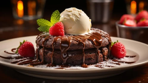 Indulgent Chocolate Cake with Vanilla Ice Cream and Raspberries