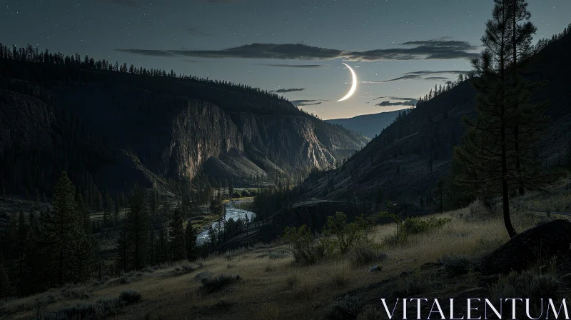 Night Mountain Valley Landscape with Bright Moon AI Image
