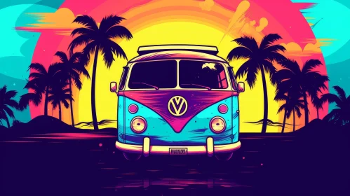 Retro Van Vector Illustration in Tropical Setting