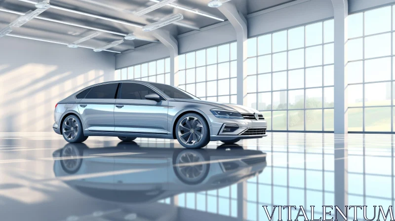 Silver Volkswagen Passat Car in Modern Showroom AI Image
