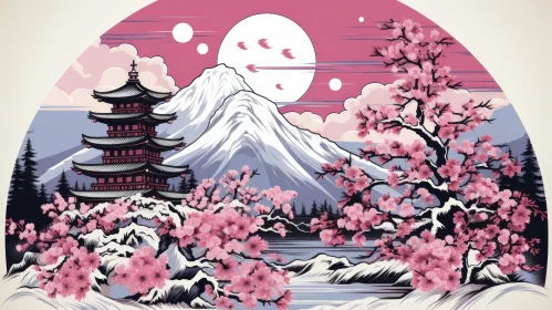 Tranquil Japanese Landscape: Mountain, Pagoda, Cherry Blossoms