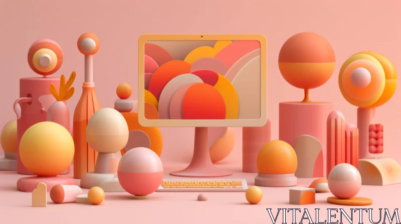 Whimsical 3D Illustration with Computer Monitor and Abstract Objects AI Image