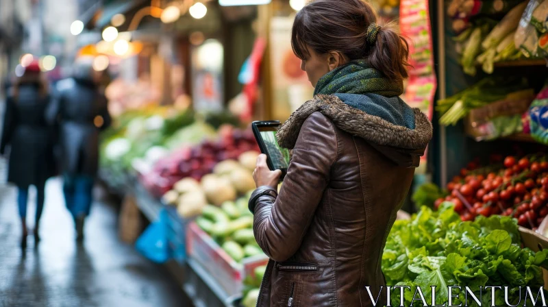 Woman Using Tablet while Shopping at Colorful Market AI Image