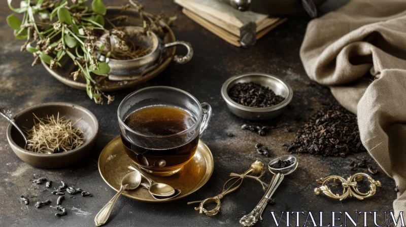 Captivating Still Life: Cup of Tea on Saucer with Scattered Tea Leaves AI Image