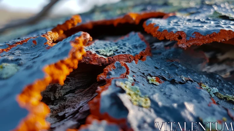 AI ART Close-up of a Tree Trunk with Peeling Blue and Orange Paint
